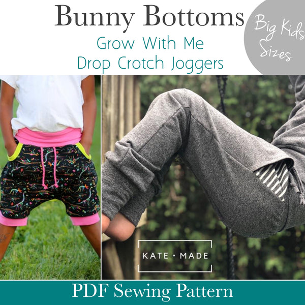 Big Kids Bunny Bottoms- Grow with Me Drop Crotch joggers- PDF Apple Tree Sewing Pattern